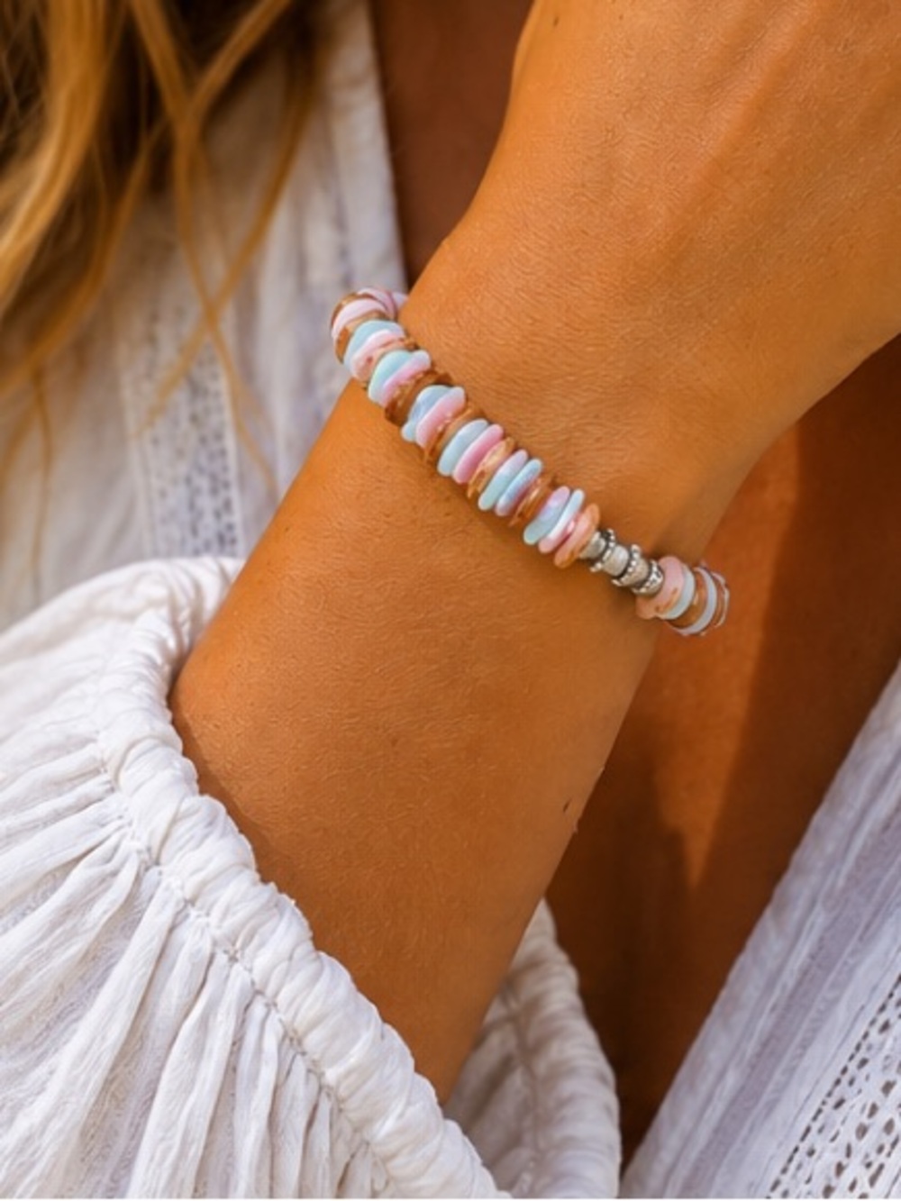 Caligirl Pastel Shell Puka Bracelet Pink Blue Brown Beach Boho Stackable New
